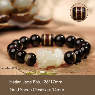 Buddha Gift Natural Gold Sheen Obsidian Hetian Cyan Jade White Jade PiXiu Wealth Bracelet
