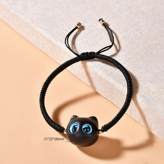 Buddha Gift Ebony Wood Cat Head Pattern Peace King Kong Knot Braided Bracelet
