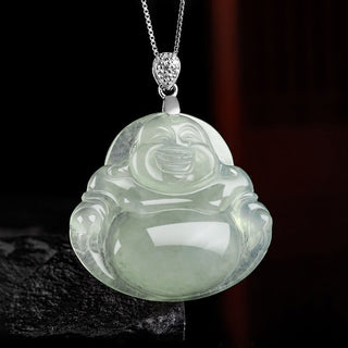Buddha Gift 925 Sterling Silver Natural Jade Laughing Buddha Prosperity Abundance Chain Necklace Pendant