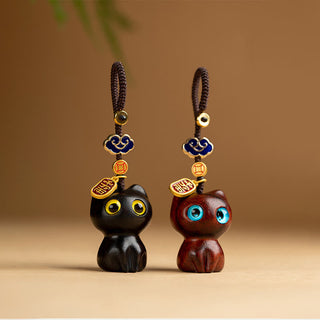 Buddha Gift Small Leaf Red Sandalwood Ebony Wood Lucky Cat Protection Key Chain Phone Hanging Decoration