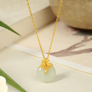 Buddha Gift 925 Sterling Silver Hetian Jade Ginkgo Leaves Prosperity Necklace Pendant