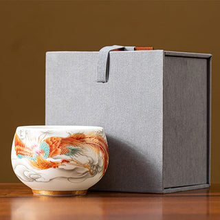 Buddha Gift Dragon Phoenix Auspicious Clouds Ceramic Teacup Kung Fu Tea Cup With Gift Box