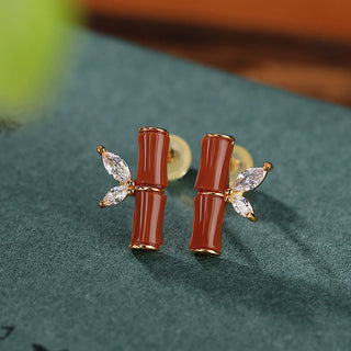Buddha Gift 925 Sterling Silver Hetian Cyan Jade White Jade Red Agate Bamboo Pattern Luck Stud Earrings