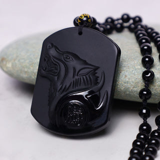 Buddha Gift Black Obsidian Stone Wolf Purification Pendant Necklace