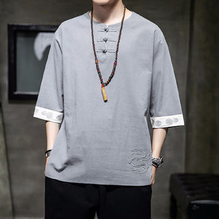 Buddha Gift Frog-Button Dragon Embroidery Chinese Tang Suit Three Quarter Sleeve Shirt Cotton Linen Men Clothing