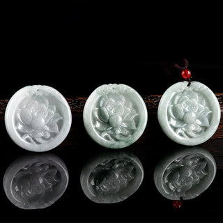 Buddha Gift Natural Jade Lotus Flower Carved Prosperity Necklace Pendant