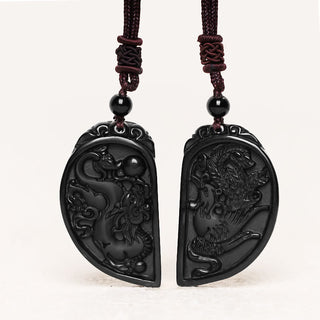 Buddha Gift Black Obsidian Love Dragon Phoenix Protection Necklace Pendant