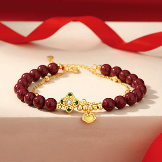 Buddha Gift 925 Sterling Silver Natural Cinnabar Four Leaf Clover Flower Blessing Chain Bracelet