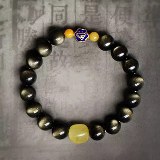 Buddha Gift 925 Sterling Silver Chinese Zodiac Natal Buddha Natural Gold Sheen Obsidian Amber Wealth Protection Bracelet