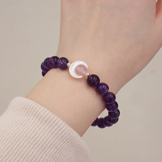 Buddha Gift 925 Sterling Silver Natural Amethyst Aquamarine Pink Crystal Cat's Eye Healing Crescent Moon Bracelet