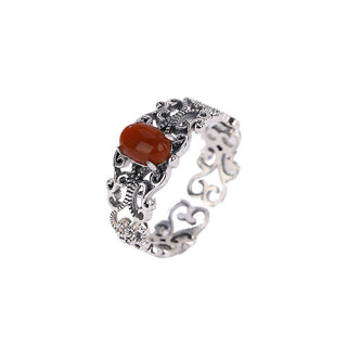 Buddha Gift 925 Sterling Silver Vintage Red Agate Self-acceptance Calm Ring
