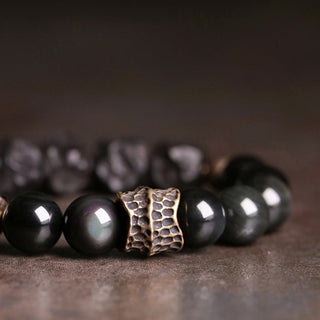 Buddha Gift Black Obsidian Ebony Wood Copper Strength Couple Bracelet