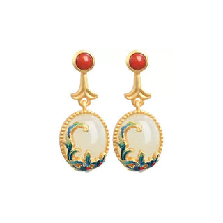 Buddha Gift Vintage Jade Red Agate Abundance Copper Drop Earrings