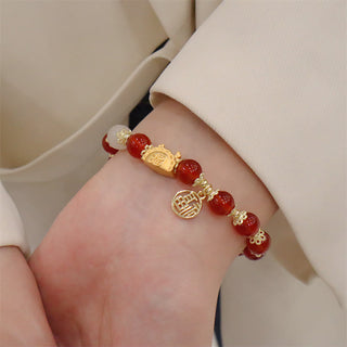 Buddha Gift Year Of The Dragon Red Agate Strawberry Quartz Black Obsidian Jade Garnet Pearl Cinnabar Dumpling Dragon Luck Fu Character Bracelet