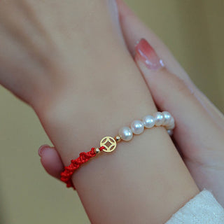 Buddha Gift 14K Gold Plated Pearl Bead Luck Protection Braid Red String Bracelet