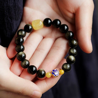 Buddha Gift 925 Sterling Silver Chinese Zodiac Natal Buddha Natural Gold Sheen Obsidian Amber Wealth Protection Bracelet