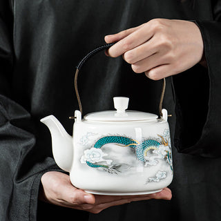 Buddha Gift Vintage Dragon Mountain Fisherman Landscape White Porcelain Ceramic Kung Fu Teapot