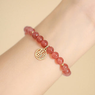 Buddha Gift 14K Gold Plated Strawberry Quartz Fu Character Healing Charm Bracelet