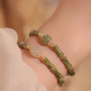 Buddha Gift 14K Copper Plated Peridot Hetian Jade Bamboo Pattern Luck Bracelet