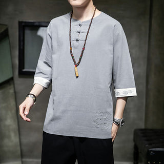 Buddha Gift Frog-Button Dragon Embroidery Chinese Tang Suit Three Quarter Sleeve Shirt Cotton Linen Men Clothing