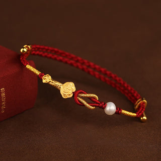 Buddha Gift 24K Gold Wish Ruyi Handle Fu Character Rabbit Pearl Luck Braided Bracelet