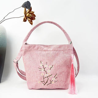 Buddha Gift Embroidery Wisteria Plum Lotus Cherry Blossom Cotton Linen Canvas Tote Crossbody Bag Shoulder Bag Handbag