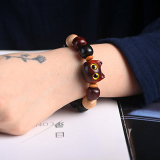 Buddha Gift Small Leaf Red Sandalwood Ebony Wood Cute Cat Engraved Protection Bracelet