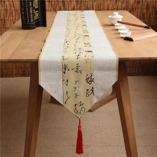 Buddha Gift Classic Chinese Style Lotus Koi Fish Flower Crane Calligraphy Enlightenment Cotton Linen Tassels Table Runner
