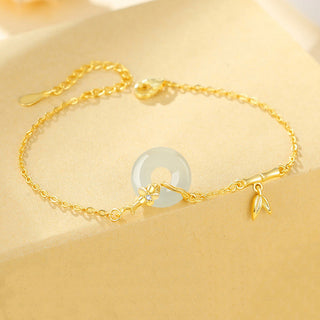 Buddha Gift 925 Sterling Silver Hetian Jade Chalcedony Peace Buckle Bamboo Leaf Prosperity Chain Bracelet