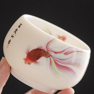 Buddha Gift Koi Fish White Porcelain Ceramic Teacup Kung Fu Tea Cup