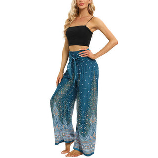 Buddha Gift Boho Peacock Feathers Lace-up Wide Leg Pants Women's Yoga Pants