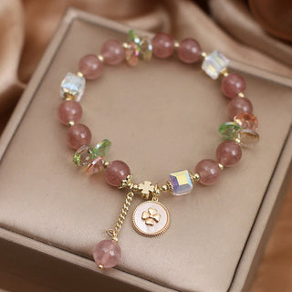 Buddha Gift Strawberry Quartz Lucky Four Leaf Clover Healing Charm Bracelet