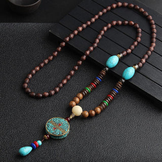 Buddha Gift Turquoise Dzi Bead Prayer Wheel Wenge Wood Meditation Necklace