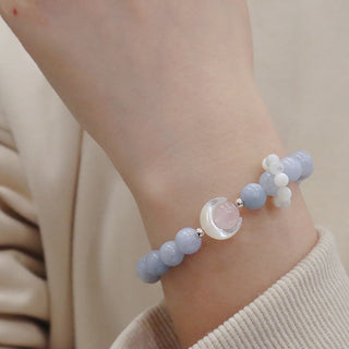Buddha Gift 925 Sterling Silver Natural Amethyst Aquamarine Pink Crystal Cat's Eye Healing Crescent Moon Bracelet