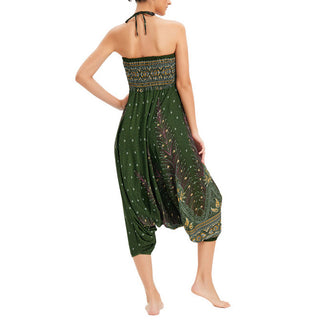 Buddha Gift Two Style Wear Peacock Feather Loose Smocked Harem Trousers Jumpsuit High Waist Pants