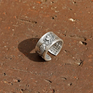 Buddha Gift 999 Sterling Silver Luck Koi Fish Lotus Heart Sutra Wealth Ring