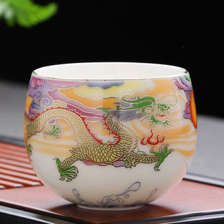 Buddha Gift Dragon Phoenix Auspicious Clouds Sun Ocean Waves Ceramic Teacup Kung Fu Tea Cup