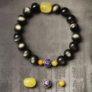 Buddha Gift 925 Sterling Silver Chinese Zodiac Natal Buddha Natural Gold Sheen Obsidian Amber Wealth Protection Bracelet
