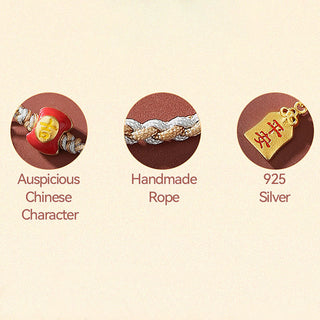 Buddha Gift 925 Sterling Silver Handmade Auspicious Chinese Character Blessing Braided String Bracelet