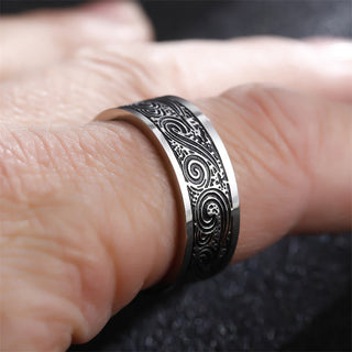 Buddha Gift Vintage Wave Auspicious Clouds Engraved Pattern Titanium Steel Balance Ring