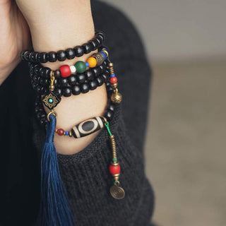 Buddha Gift 108 Beads Mala Ebony Wood Dzi Bead Copper Balance Tassel Bracelet