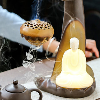 Buddha Gift Led Buddha Hand Backflow Smoke Fountain Healing Ceramic Stick Incense Burner Decoration