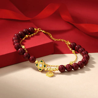 Buddha Gift 925 Sterling Silver Natural Cinnabar Four Leaf Clover Flower Blessing Chain Bracelet