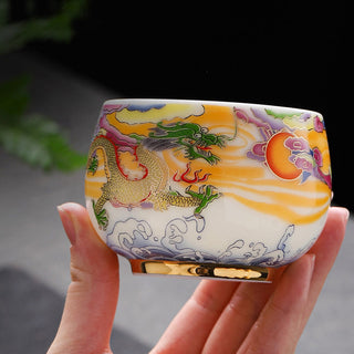 Buddha Gift Dragon Phoenix Auspicious Clouds Sun Ocean Waves Ceramic Teacup Kung Fu Tea Cup