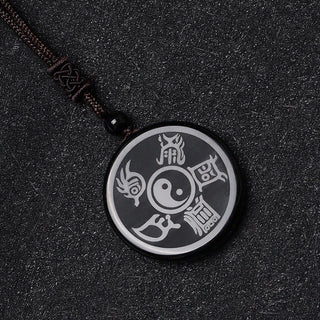 Buddha Gift Black Obsidian Taoism Five Sacred Mountains Nine-Character Mantra Carved Purification Yin Yang Necklace Pendant