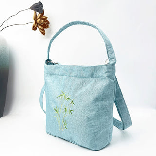 Buddha Gift Embroidery Wisteria Plum Lotus Cherry Blossom Cotton Linen Canvas Tote Crossbody Bag Shoulder Bag Handbag