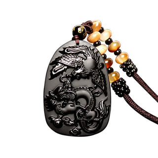 Buddha Gift Black Obsidian Tiger Eye Dragon Phoenix Protection Beaded Necklace Pendant