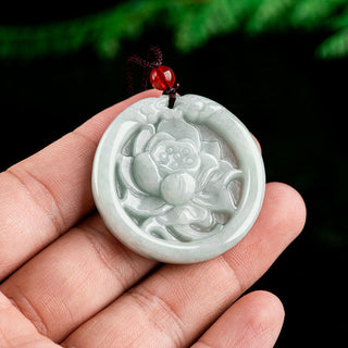 Buddha Gift Natural Jade Lotus Flower Carved Prosperity Necklace Pendant