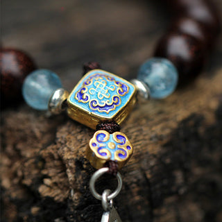 Buddha Gift 925 Sterling Silver Indian Small Leaf Red Sandalwood Aquamarine Full of Gold Star Chinese Knotting Blessing Bracelet