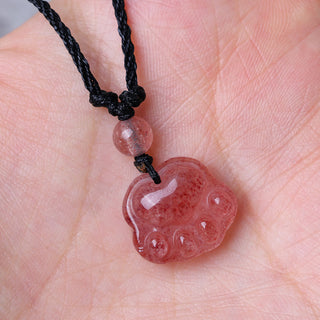 Buddha Gift Strawberry Quartz Lovely Cat Paw Claw Healing Necklace Pendant